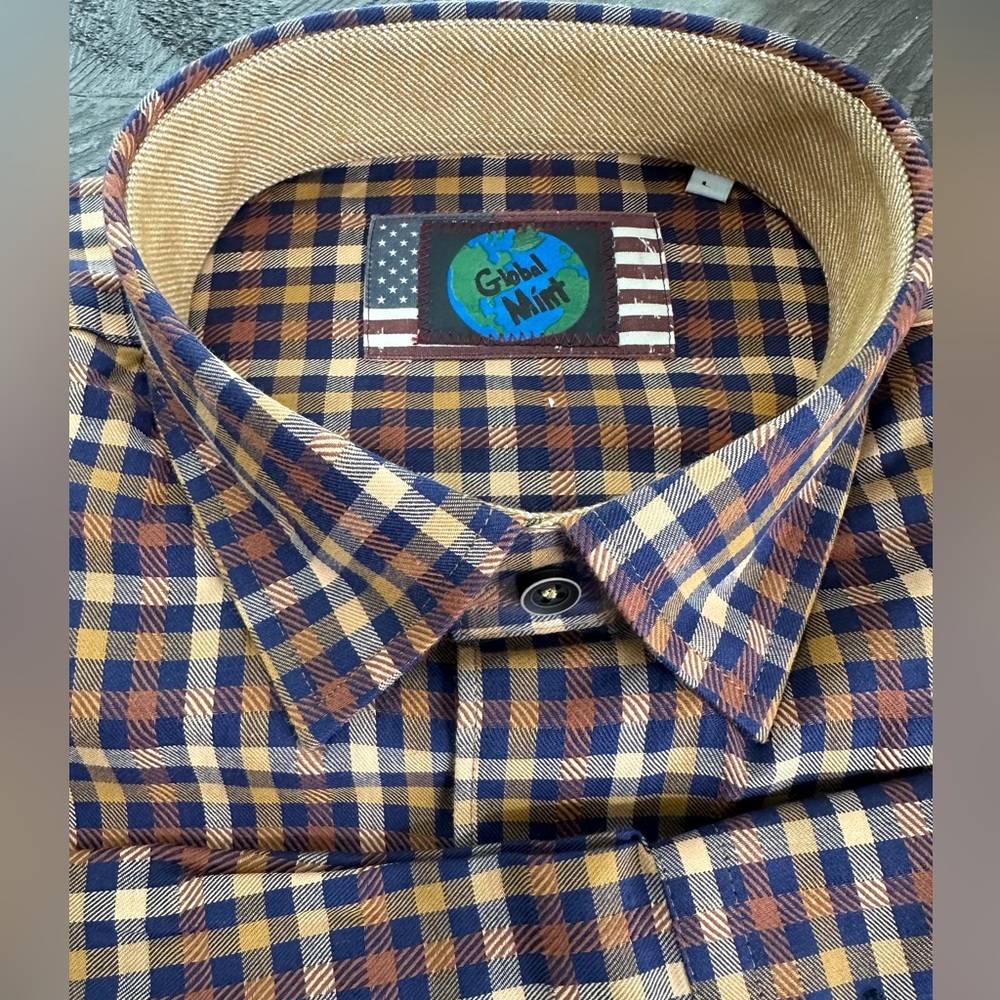 Luchiano Visconti Global Mint Men’s Large Gold & Navy Plaid Cotton Shirt NWT - Picture 5 of 13